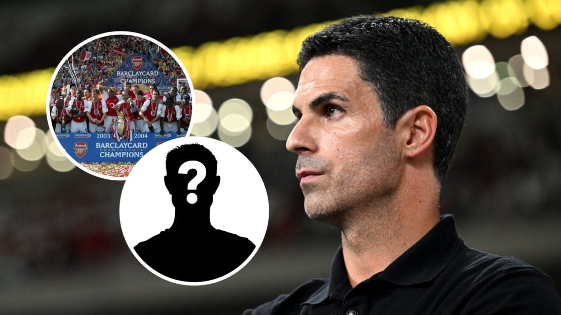 Mikel Arteta with inset of Arsenal Invincibles and mystery silhouette