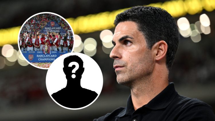 Mikel Arteta with inset of Arsenal Invincibles and mystery silhouette