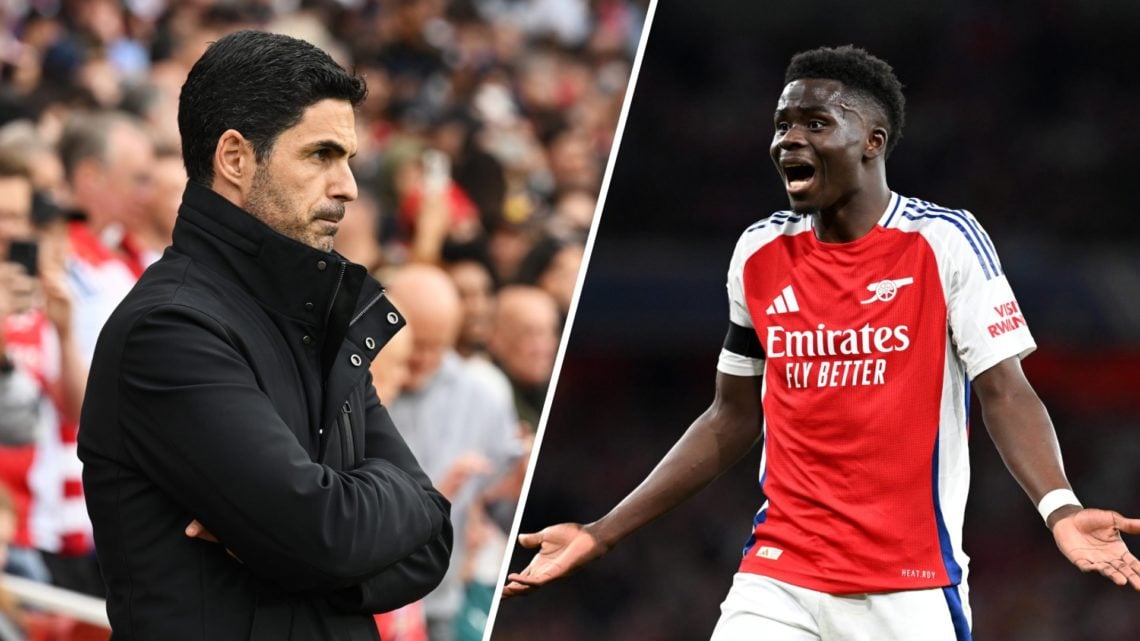 Split image of (L) Mikel Arteta looking on during an Arsenal game and (R) Bukayo Saka complaining during an Arsenal game
