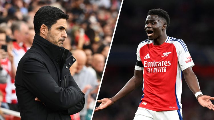 Split image of (L) Mikel Arteta looking on during an Arsenal game and (R) Bukayo Saka complaining during an Arsenal game