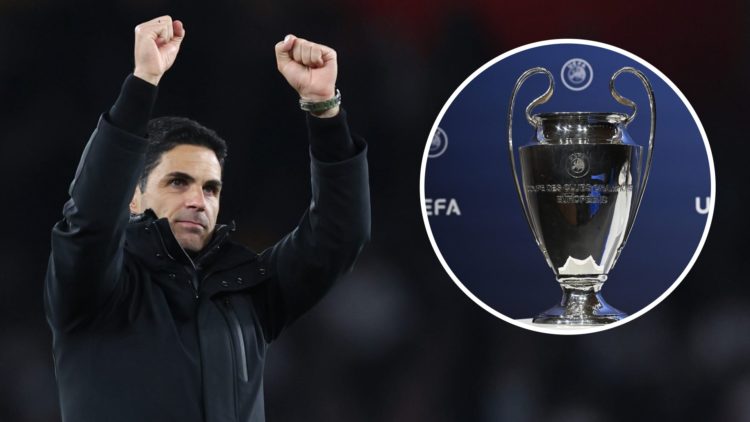 A split image featuring Mikel Arteta celebrating alongside the Champions League trophy