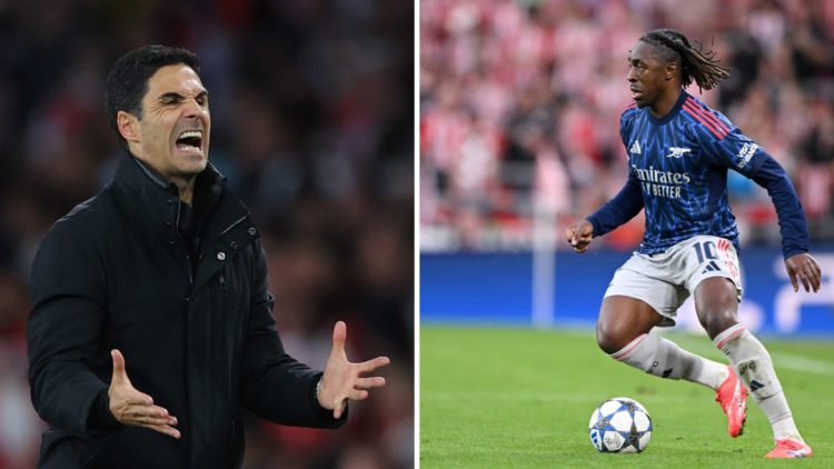 Split image of (L) Mikel Arteta looking irritated during an Arsenal game and (R) Eberechi Eze with the ball while playing for Arsenal