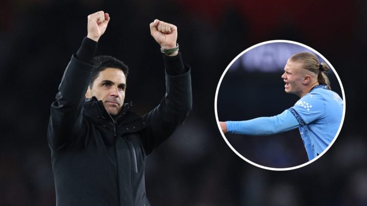 Image of Mikel Arteta celebraing after an Arsenal win, with an inset of Erling Haaland complaining during a Manchester City game