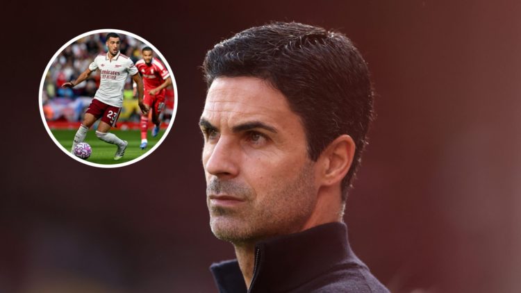 Mikel Arteta, Manager of Arsenal, looks on prior to the Premier League match between Liverpool and Arsenal at Anfield, with overlay of Mikel Merino...