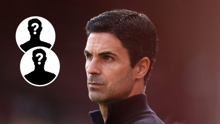 Mikel Arteta, Manager of Arsenal, looks on prior to the Premier League match between Liverpool and Arsenal, with two mystery player insets.