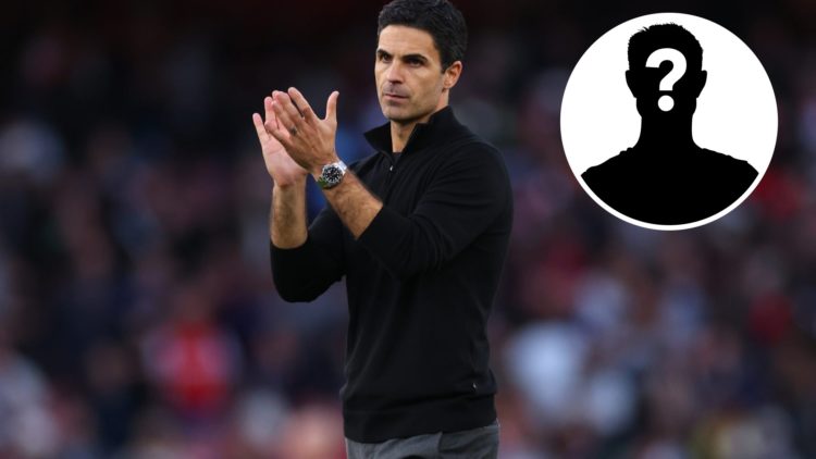 Mikel Arteta manager / head coach of Arsenal applauds during the Premier League match between Arsenal and Manchester City, with mystery player inset.
