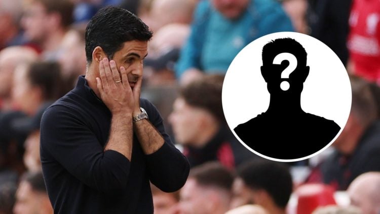 Image of Mikel Arteta looking dejected during an Arsenal game, with an inset of a mystery player