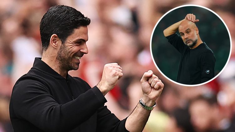 Image of Mikel Arteta celebrating during an Arsenal game with an inset of Pep Guardiola scratching his head during a Manchester City game