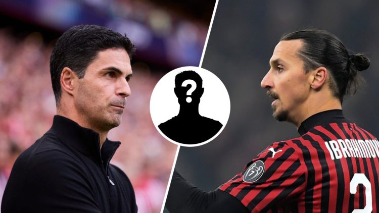 Split image of (L) Mikel Arteta watching on during an Arsenal game and (R) Zlatan Ibrahimovic celebrating during an AC Milan match, with an inset o...