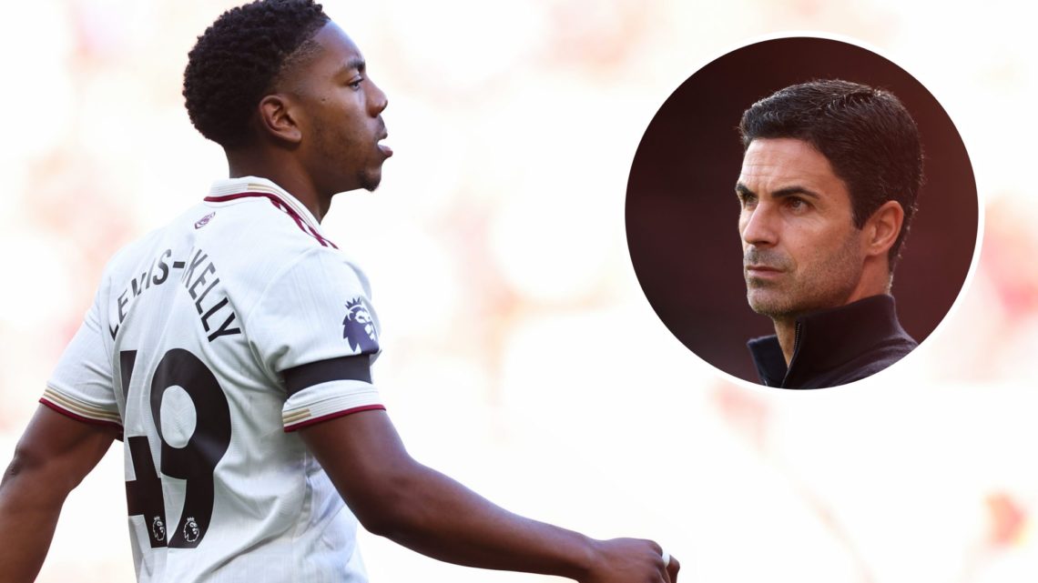 Image of Myles Lewis-Skelly looking on during an Arsenal game, with an inset of Mikel Arteta watching on from the sideliens