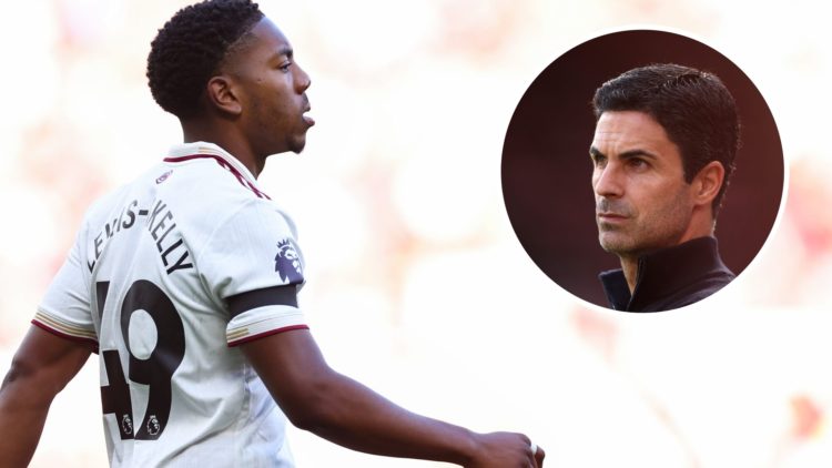 Image of Myles Lewis-Skelly looking on during an Arsenal game, with an inset of Mikel Arteta watching on from the sideliens
