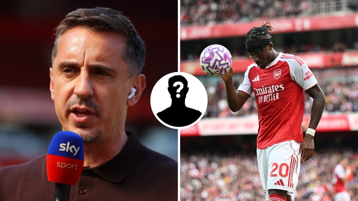 Sky Sports pundit Gary Neville presents to camera ahead of the Premier League match between Manchester United and Arsenal (L), Noni Madueke of Arse...