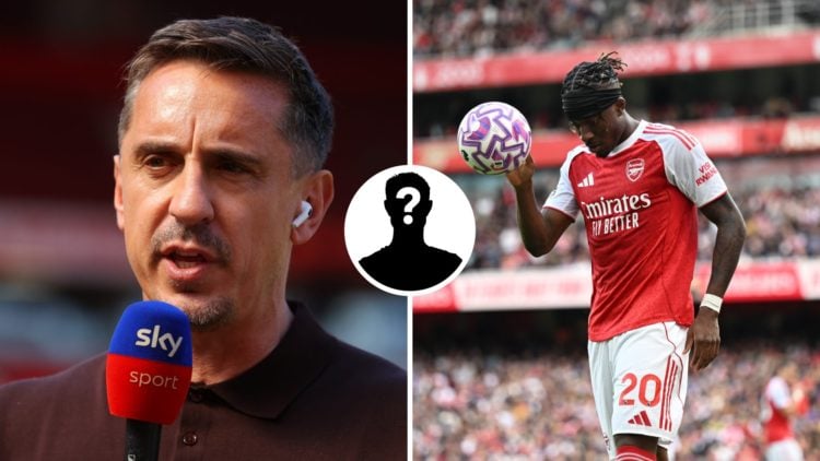 Sky Sports pundit Gary Neville presents to camera ahead of the Premier League match between Manchester United and Arsenal (L), Noni Madueke of Arse...