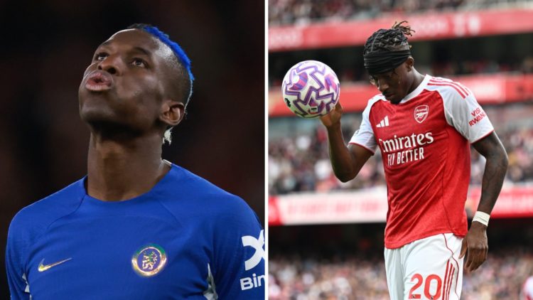Split image of (L) Nicolas Jackson looking dejected during a Chelsea game and (R) Noni Madueke holding the ball while playing for Arsenal
