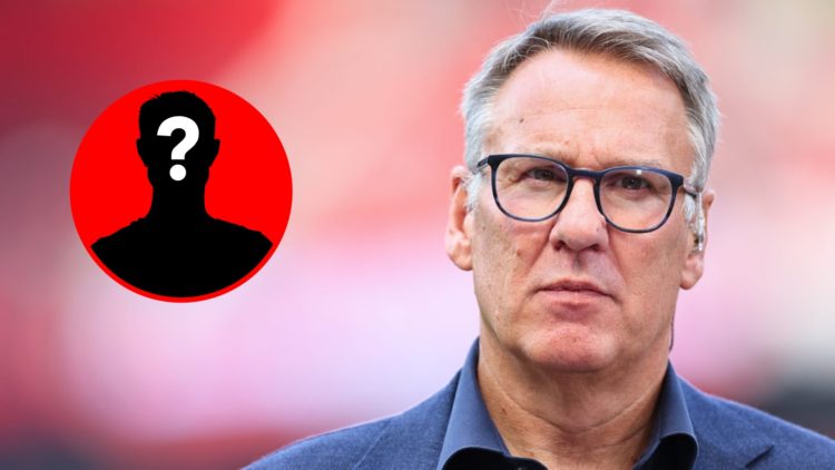 Paul Merson looks on before Man United vs Arsenal alongside a mystery player inset