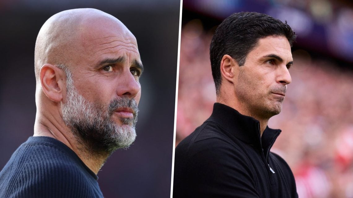 Josep 'Pep' Guardiola, manager of Manchester City, looks on prior to the Premier League match between Manchester United FC and Manchester City FC (...