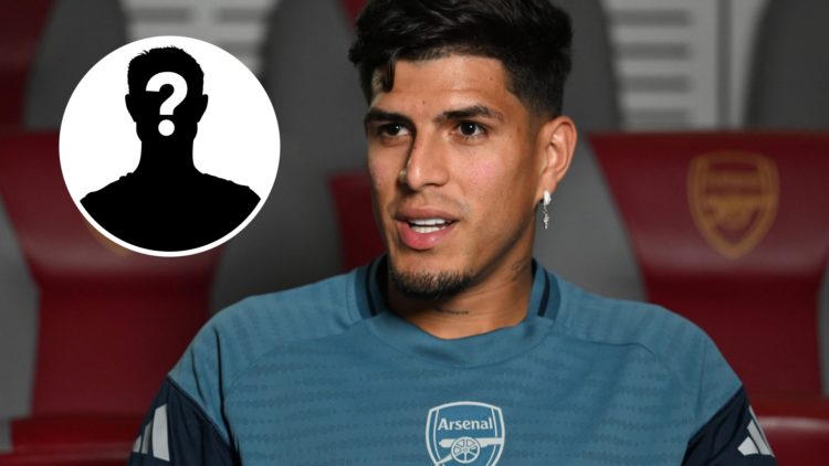 Piero Hincapie signs for Arsenal at Sobha Realty Training Centre, with mystery player inset.