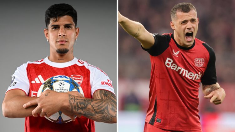 Arsenal unveil new signing Piero Hincapie at Sobha Realty Training Centre (L), Granit Xhaka gestures during a Bayer Leverkusen match (R).