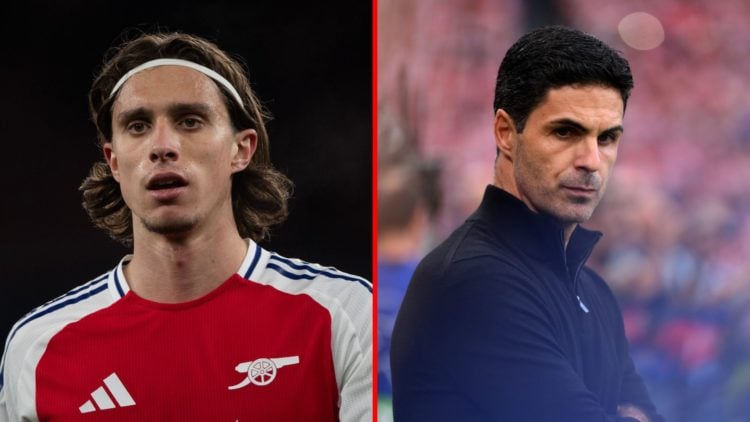 Split image of (L) Riccardo Calafiori during the UEFA Champions League match between Arsenal and PSV and (R) Mikel Arteta prior to the UEFA Champio...