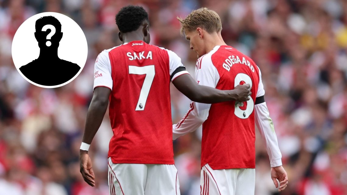 Bukayo Saka of Arsenal consoles Martin Odegaard of Arsenal as he is substituted off during the Premier League match between Arsenal and Leeds Unite...