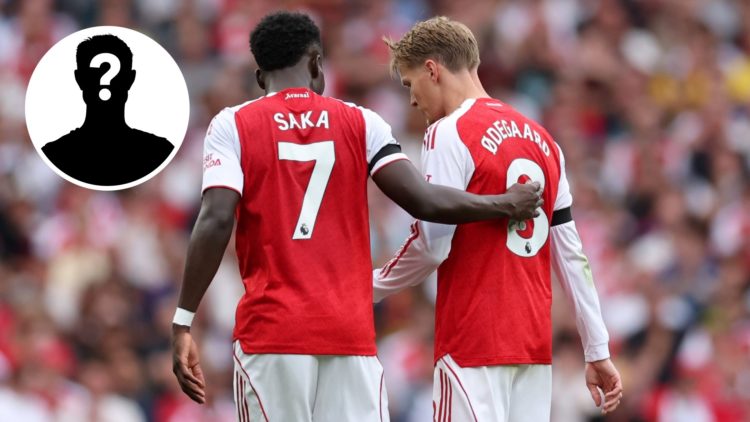 Bukayo Saka of Arsenal consoles Martin Odegaard of Arsenal as he is substituted off during the Premier League match between Arsenal and Leeds Unite...