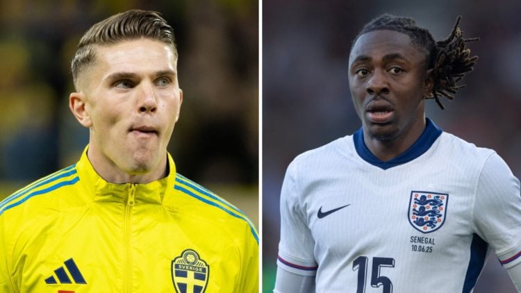 A split image featuring Viktor Gyokeres playing for Sweden alongside Eberechi Eze for England