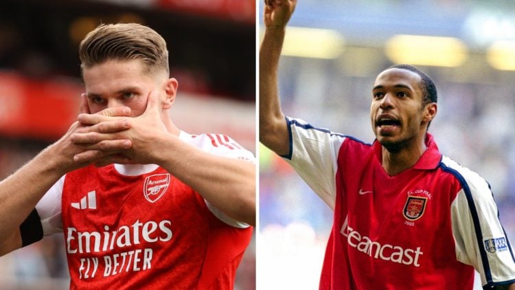 Viktor Gyokeres of Arsenal celebrates their third goal during the Premier League match between Arsenal and Leeds United at Emirates Stadium (L), Th...