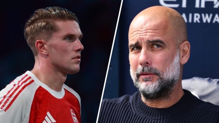 Split image of (L) Viktor Gyokeres looking on after an Arsenal game and (R) Pep Guardiola watching a Manchester City match