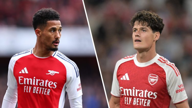 Split image of (L) William Saliba and (R) Christian Norgaard both looking on while playing for Arsenal
