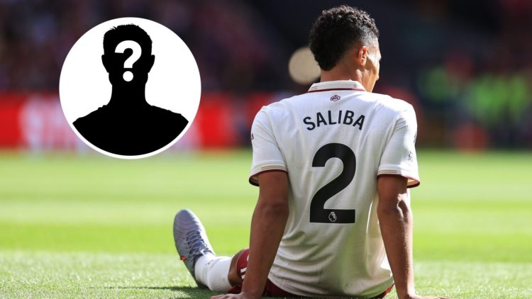 William Saliba of Arsenal goes down injured during the Premier League match between Liverpool and Arsenal at Anfield, with mystery player inset.