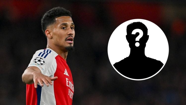 William Saliba in action for Arsenal, with an inset of a mystery player
