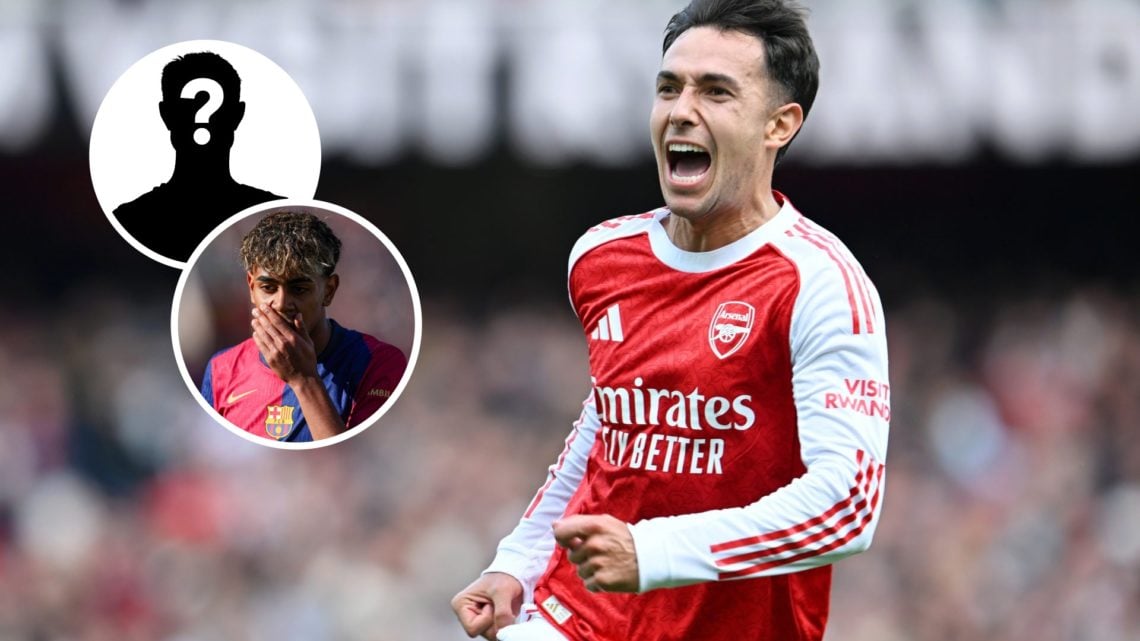Martin Zubimendi of Arsenal celebrates scoring his team's first goal during the Premier League match between Arsenal and Nottingham Forest, with ov...