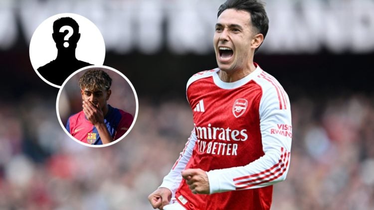 Martin Zubimendi of Arsenal celebrates scoring his team's first goal during the Premier League match between Arsenal and Nottingham Forest, with ov...