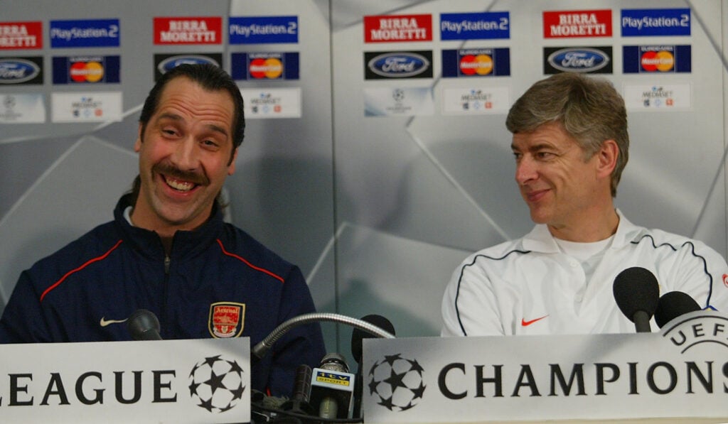 David Seaman and Arsene Wenger smiling during an Arsenal press conference