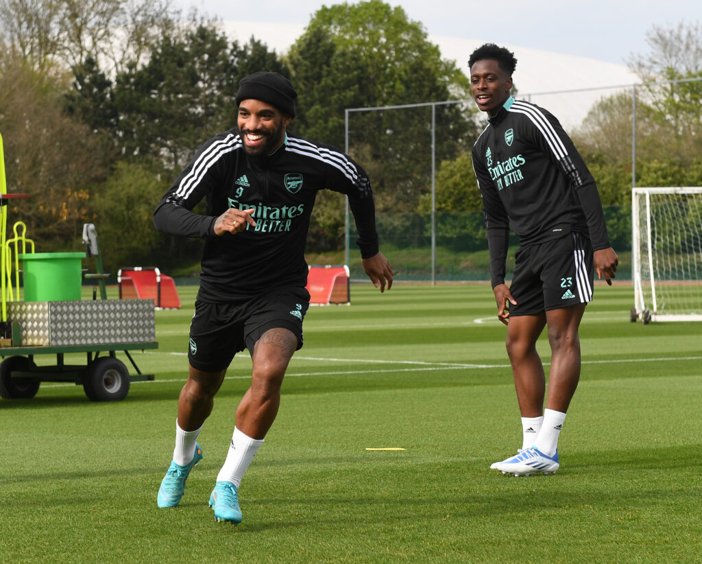 Alexandre Lacazette and Albert Sambi Lokonga during an Arsenal Training Session