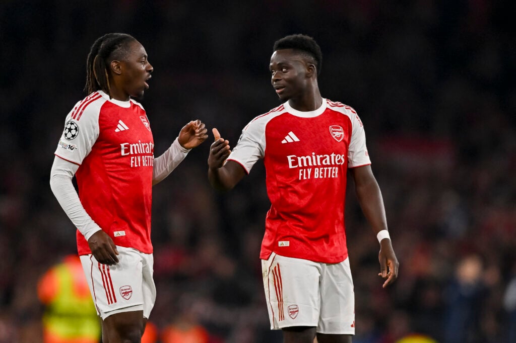 Bukayo Saka and Eberechi Eze speak to each other after an Arsenal game