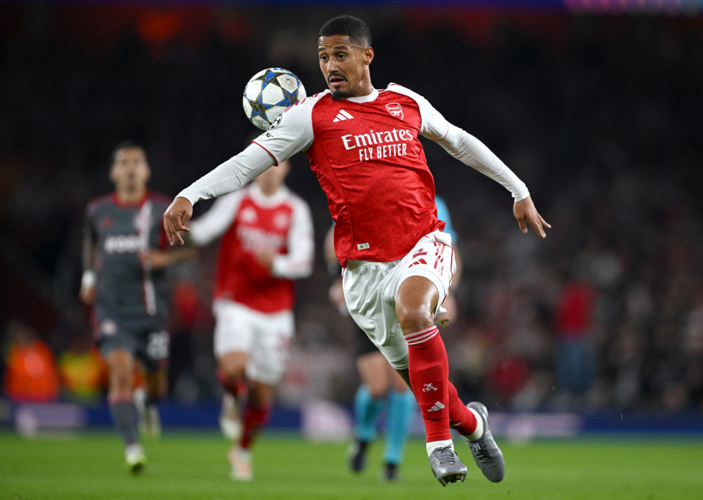 William Saliba trying to control a ball during an Arsenal game
