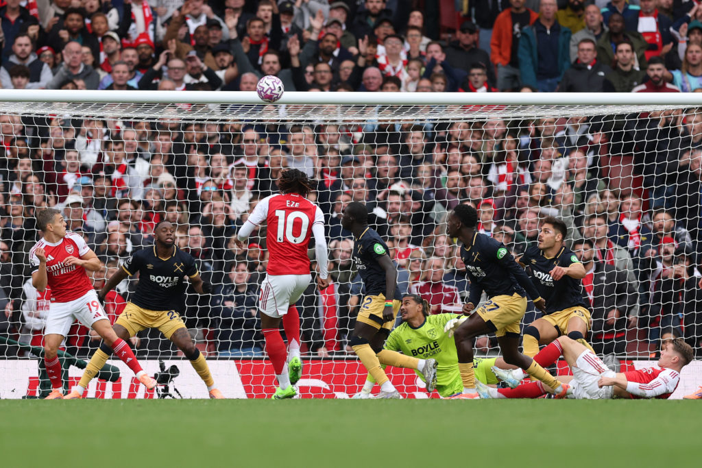 Eberechi Eze shoots over the bar during Arsenal vs West Ham