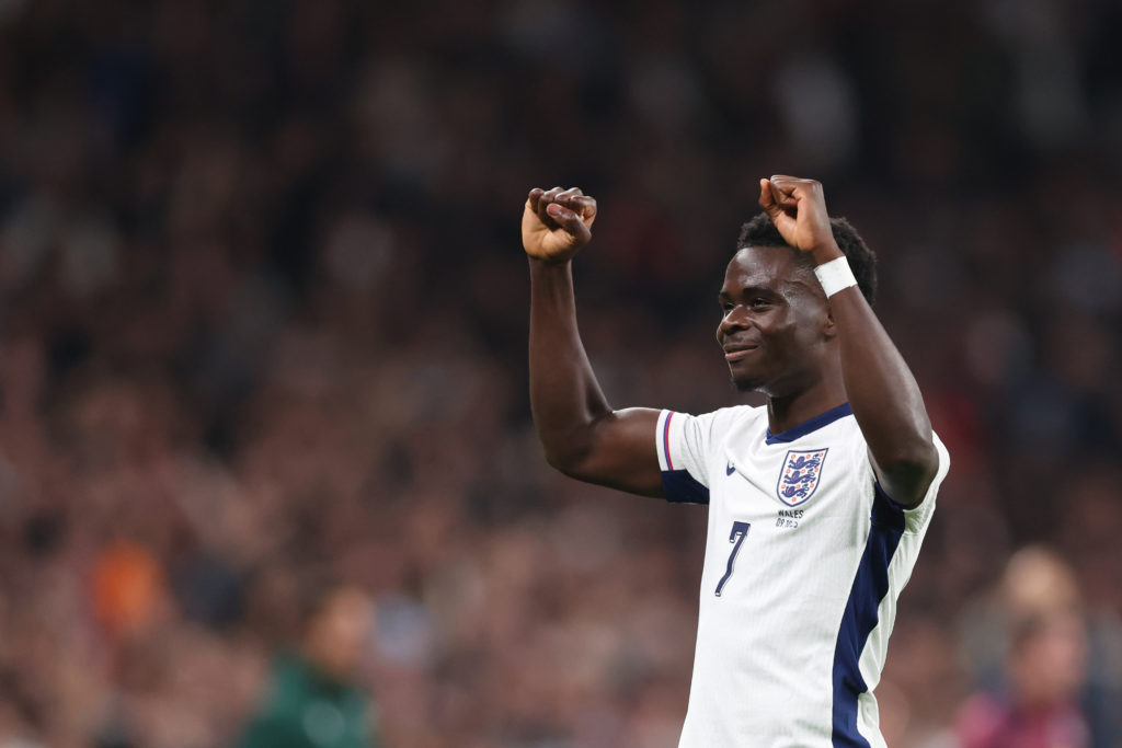 Bukayo Saka celebrates after scoring for England against Wales
