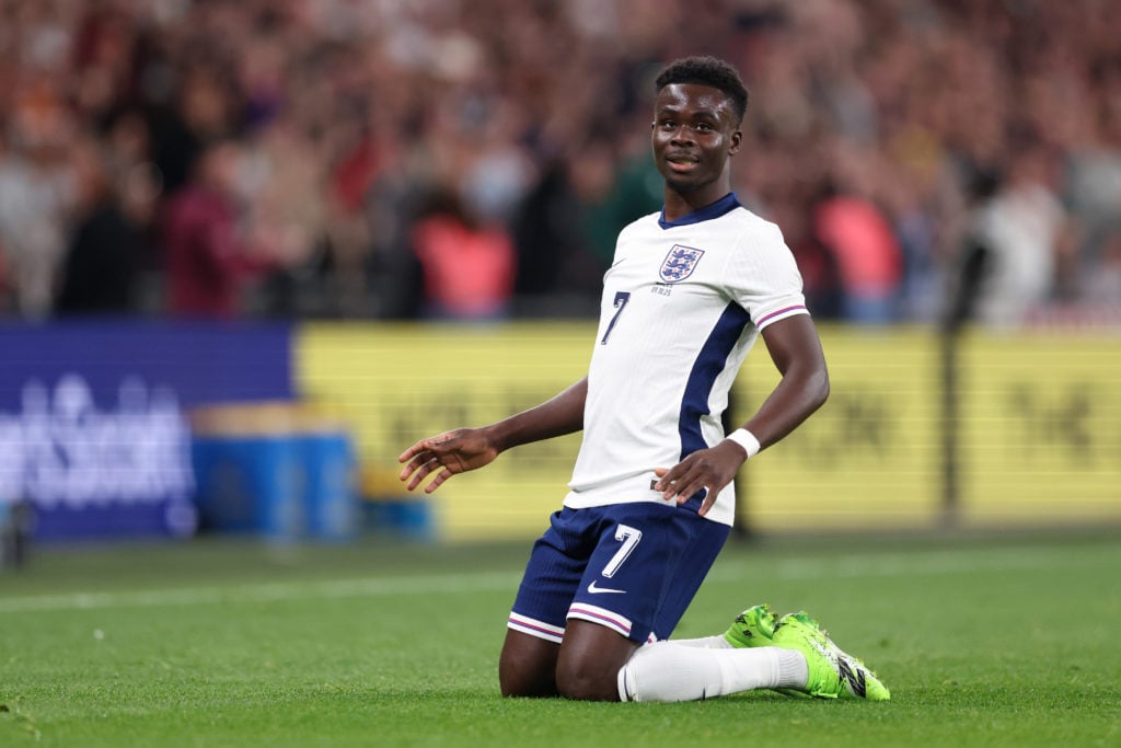 Bukayo Saka celebrates after scoring for England against Wales