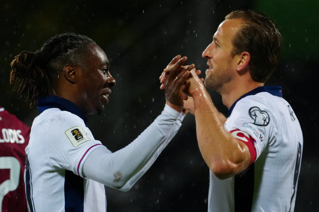Eberechi Eze and Harry Kane celebrate after a goal during an England game
