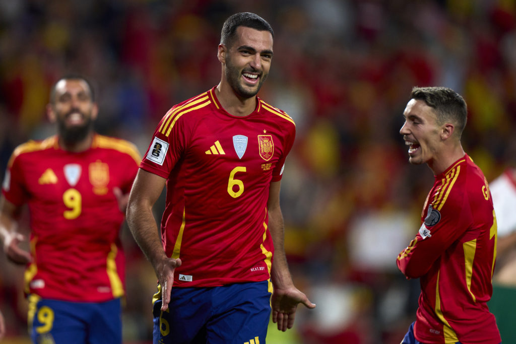 Mikel Merino of Spain celebrates his team second goal during the FIFA World Cup 2026 qualifier match between Spain and Bulgaria.