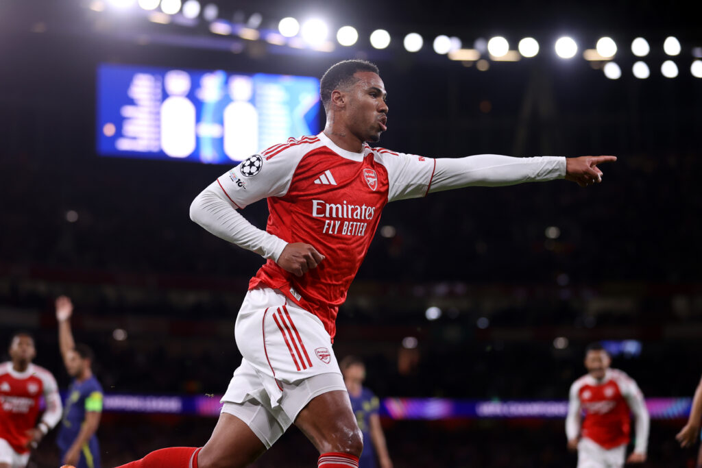 Gabriel Magalhaes celebrates after scoring for Arsenal against Atletico Madrid
