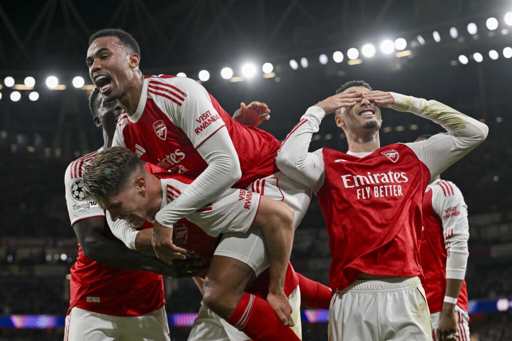Viktor Gyoekeres of Arsenal FC celebrates his goal with Gabriel Martinelli and other teammates during the UEFA Champions League 2025/26 League Phase MD3 match between Arsenal FC and Atletico de Madrid.