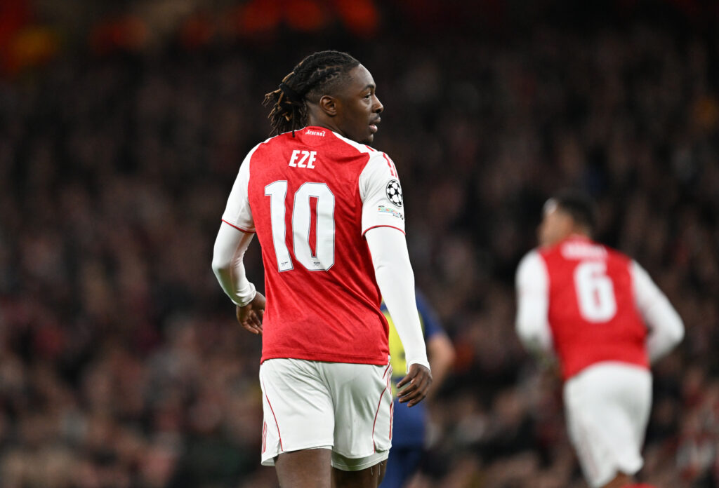 Eberechi Eze of Arsenal lines up prior to the UEFA Champions League 2025/26 League Phase MD3 match between Arsenal FC and Atletico de Madrid at Arsenal Stadium.