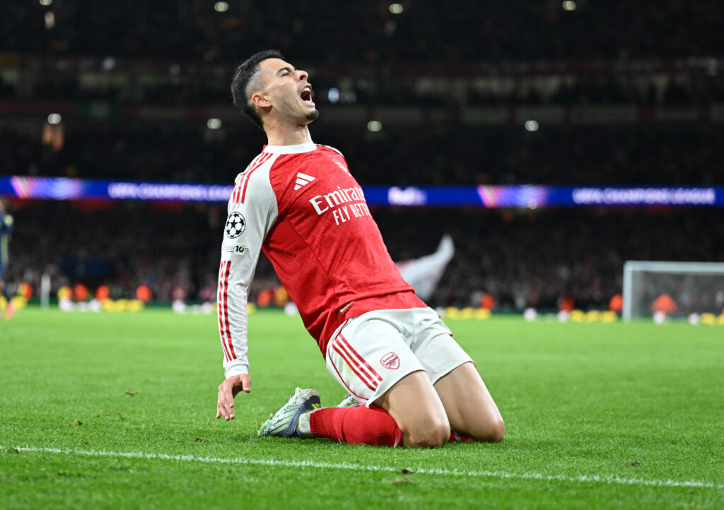 Gabriel Martinelli celebrates scoring the 2nd Arsenal goal during the UEFA Champions League 2025/26 League Phase MD3 match between Arsenal FC and Atletico de Madrid.