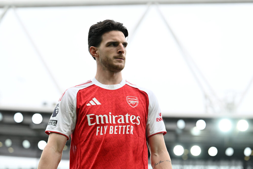 Declan Rice looking on during an Arsenal game