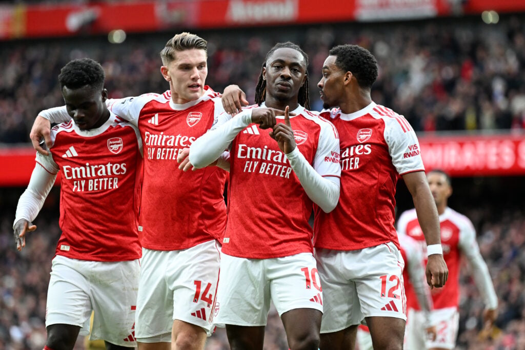 Eberechi Eze celebrates with Jurrien Timber, Viktor Gyokeres and Bukayo Saka after scoring for Arsenal