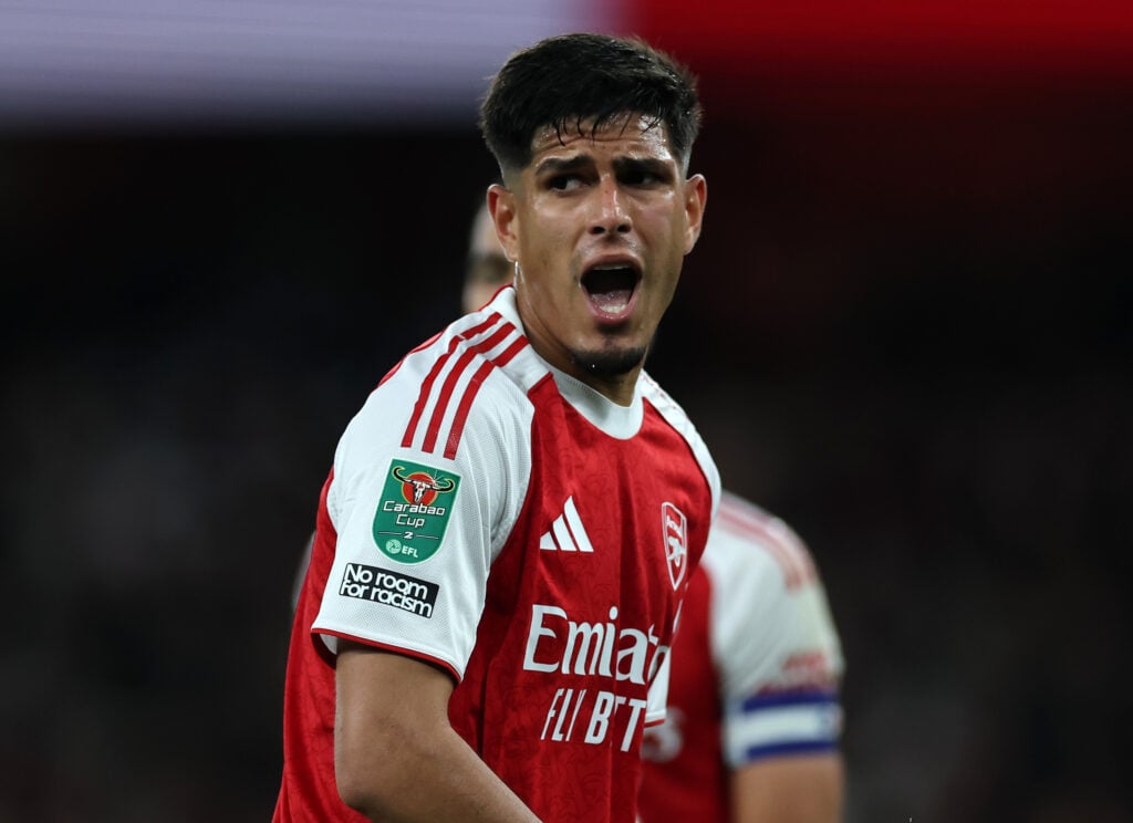 Piero Hincapie of Arsenal reacts during the Carabao Cup Fourth Round match between Arsenal and Brighton.