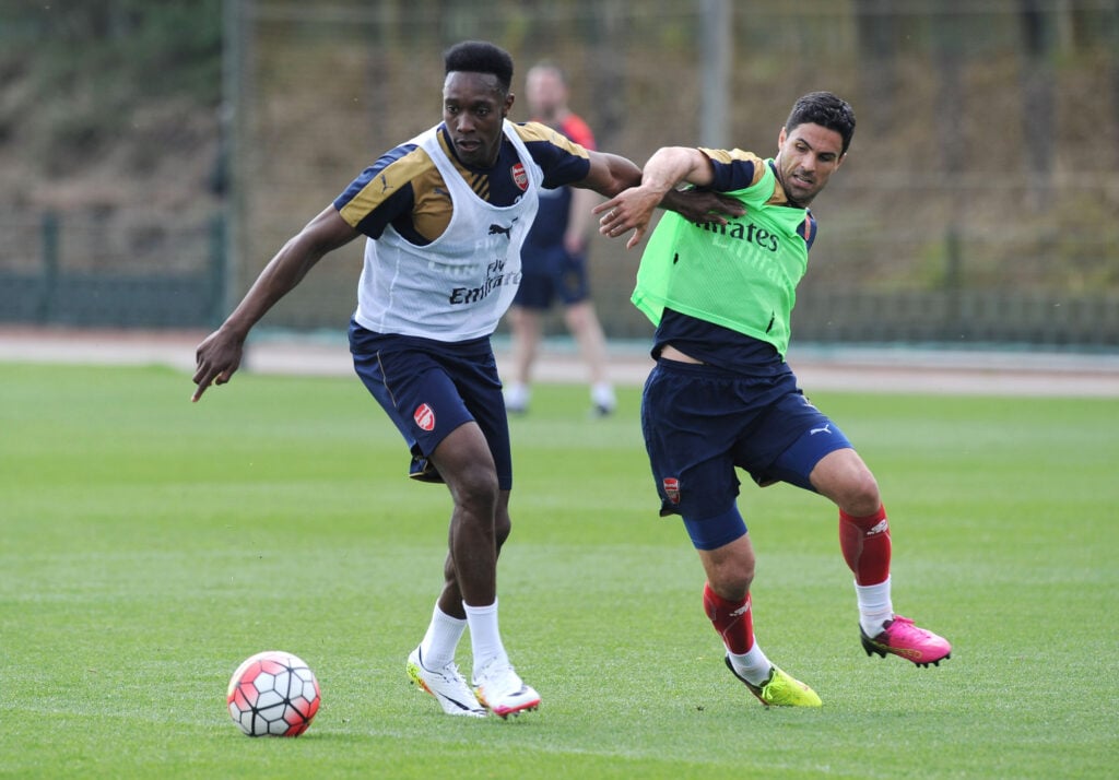 Mikel Arteta and Danny Welbeck in an Arsenal Training Session